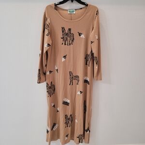 Elegant Tan Zebra Print Long Sleeve Dress Size L Cotton